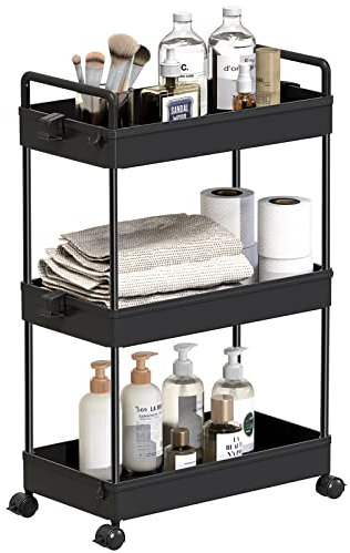 SOLEJAZZ Rollwagen, Küchenwagen mit 3 Ebenen, Mobiler Aufbewahrungsregal-Organizer für Küche, Bad, Waschküche, Schlafzimmer, schmale Plätze, Kunststoff,mit Griffen, 22 x 40 x 61 cm,Schwarz