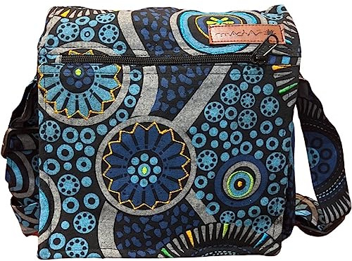 Sac à bandoulière en coton pour femme, style ethnique, bohème, Maliprint sac en satin de coton, avec rabat, hippie bohémien (Bleu)