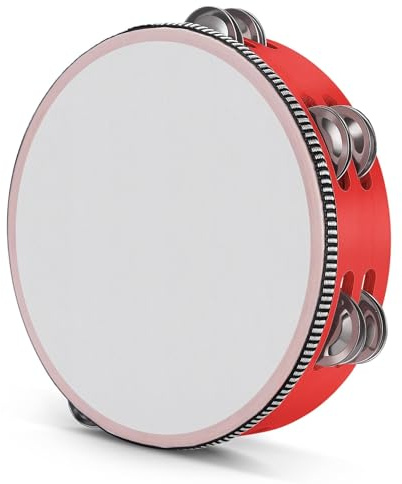 Flexzion Tamburin, Handtrommel mit Handgriff - 20cm, Schellenkranz in Mond-Form aus Holz, Musik Schlaginstrument, zweireihige Schellenring mit 12 Paar Metall Schellen, für KTV & Party, Rot