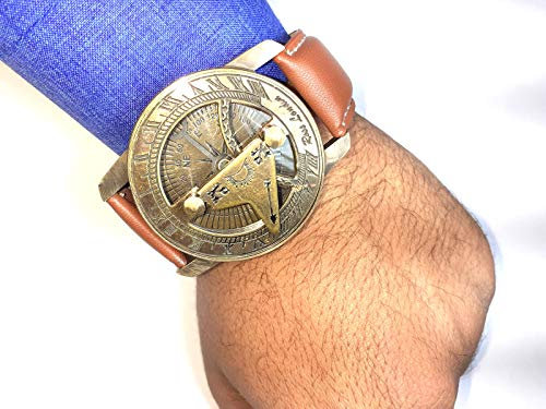 Brújula de reloj de sol con correa de cuero con reloj náutico para camping, senderismo, hecho a mano magnética muñeca de latón y reloj de sol.