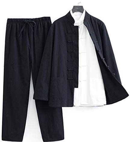 ZHOUXIAO Linge de Coton Tai Chi Uniforme Hommes Kung Fu Vêtements à Manches Courtes Vêtements Traditionnels Chinois, Pantalons, Vestes, Costume de Talons Martiaux de Tang Han Black-M