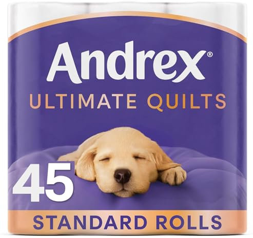 Andrex Supreme Quilts Quilted Toilet Paper - 45 Toilet Roll Pack - 25% Thicker Than Before to Provide Ultimate Quilted Comfort with Unique Air Pocket Texture