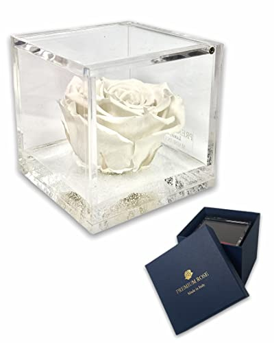 Passionefiori.it S 1088 Luxury Rose Stabilizzate Vere in Cubo più Spesso Luxury 8 e Scatola Regalo Lusso, Cubo Rosa stabilizzata Bianca, Rosa eterna