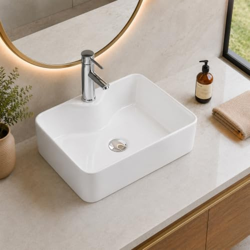 BELOFAY Counter Top Bathroom Sink Basin – Modern White Ceramic Wash Basin with Scratch-Resistant Gloss Surface – Sink basins for Cloakroom,Vanity Cabinet and Bathrooms (Rectangular 2)