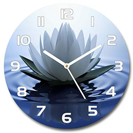Tulup Horloge en Verre 60x60cm - Silencieuse sur Pied Salon Design La Mur Impression Verre Sécurité - Aiguilles d'horloge Blanches - Nénuphar