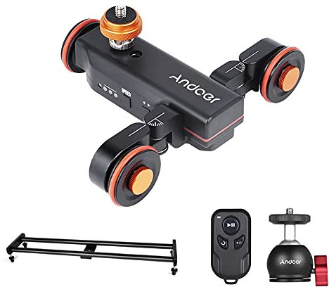 Andoer Camera Video Dolly Slider Kit avec 3 roues Auto Dolly Car 3 vitesses réglable + 60 cm / 23,6 in Track Rail Camera Slider + Adaptateur flexible à tête sphérique avec télécommande Wirelss