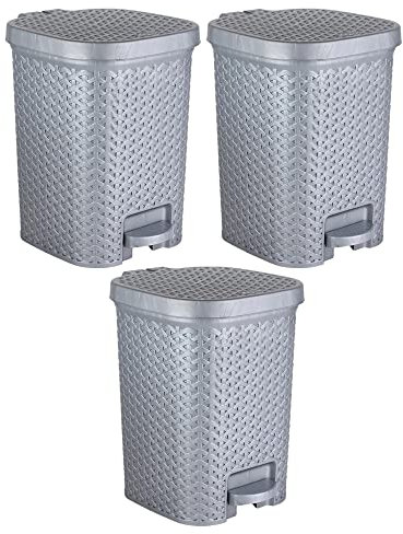 (Set of 3) 7L Litre Step On Foot Pedal Bins Square Plastic Rattan Style Household Rubbish Bin With Removable Inner Bucket Pedal Utility Waste Trash Dustbin For Home Kitchen Office Use (Bottle Grey)