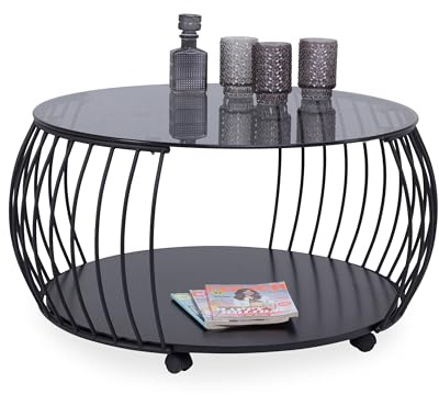 M2 Kollektion Shanghai 1 – Runder Couchtisch mit Glasplatte (Ø 60 cm, H 45 cm) | Schwarzes Metallgestell | Mit Ablage & Rollen | Modernes Industrial-Design | Pflegeleicht & stabil