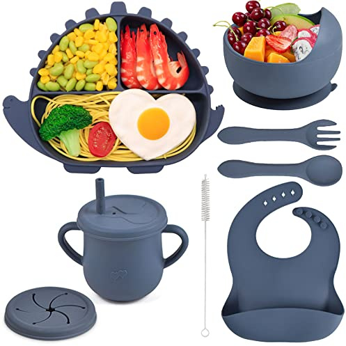 Delven Vajilla Bebe Silicona 8 Piezas Plato con Ventosa Cuenco Babero Cuchara Tenedor Tazas Tapa Cepillo de Pajitas Cubiertos Set para Niño Infantil,Antideslizante sin BPA Apto para Lavavajillas,Azul