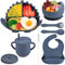 Delven Baby Geschirrset mit Saugnapf, Silikon Kindergeschirr Set BPA Frei 8 Stück Kinderteller Set mit Baby Teller Lätzchen Trinklernbecher Schüssel Babylöffel Gabel Kinderbesteck für Kleinkinder,Blau