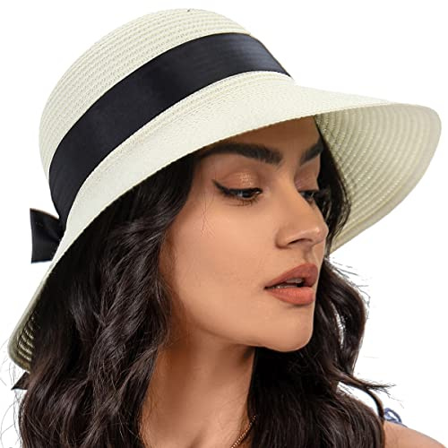 S.ROMZA Sun Strohhut für Frauen mit Windkordel Breiter Krempe Faltbare Strandhüte Damen UV 50 + Reiseschutz Sommerhut Visier Hut Bogen Knoten, Beige, One Size