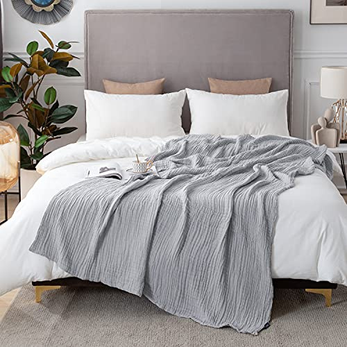 EMME Musselin-Decke Erwachsene 100% Baumwolle, 230 x 230 cm Hellgrau Sommer-Überwurf Decken für Couch, atmungsaktive Gaze-Decke alle Jahreszeiten, weich und leicht vorgewaschene Baumwolldecke
