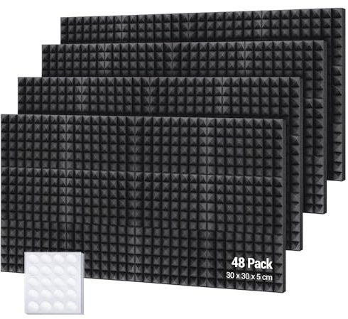 Ohuhu Acoustic Foam Panels 48 Pack with Double Sided Tape, 2x12x12 Sound Proofing Panels Sound Absorption Pyramid Studio Treatment Wall Panels, Acoustic Wall Panels for Studio Office Home
