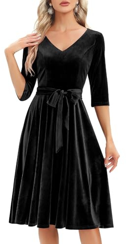 Bbonlinedress Abito Donna Chic ed Elegante Inverno in Velluto per Natale Serata Festa Capodanno Matrimonio Cocktail Maniche Lunghe V-Nero M