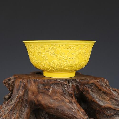 YTDJJWLS Cuenco chino de porcelana esmaltada amarilla de 15,5 cm, diseño de dragón tallado a mano