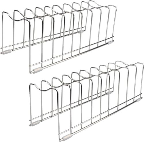 FLSEPAMB Pfannendeckelhalter, 2 Stück Deckelhalter Schublade mit 9 Slots, Metall Topfdeckelhalter geeignet für Backgeschirr, Serviertabletts, wiederverwendbare Halterung (8 Silikon-Fußabdeckungen)
