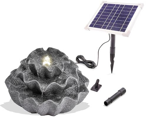 esotec Muschel Solarbrunnen Akku, LED, Kaskadenbrunnen, freistehender Springbrunnen, Gartenbrunnen, Wasserspiel, Gartenliebhaber Geschenk, Zierbrunnen, dunkelgrau, outdoor, wetterfest, H=22,5cm 101328