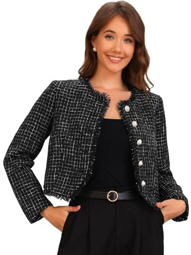 Allegra K Veste en Tweed à Carreaux Femme Col Rond Blazer Courte Boutonnée Veste d'hiver Chaude Élégante Noir M