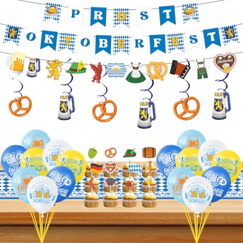 Oktoberfest Deko Set, Bayrische Wiesn Dekoration, PROST OKTOBERFEST Girlande + Oktoberfes Banner + Spirale + 12 Cake Topper + 16 Latexballon + Tischläufer, fur Deko Oktoberfest Party
