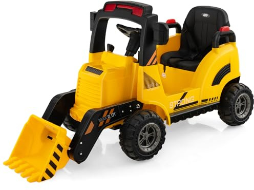 COSTWAY Kids Electric Ride on Car, 12V Battery Powered Construction Excavator with Adjustable Digging Bucket, LED Light, Horn, Music, USB, MP3, for 3-7 Years Old Boys Girls