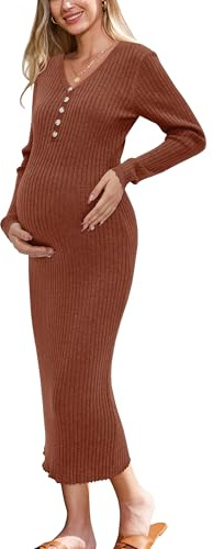 OUGES Stillkleid Wollmischung Umstandskleid Winter Herbst V-Ausschnitt Lange Ärmel Figurbetont Gestreiftes Strickkleid