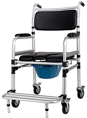 Sedia da toilette pieghevole Sedia da doccia/WC con schienale morbido in PU, sedia a rotelle per doccia Sedile WC imbottito mobile Doccia - Freni, Pedale rimovibile, bracciolo regolabile