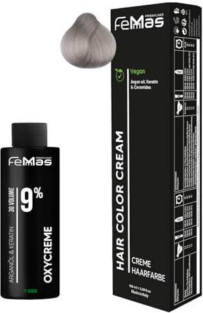 Femmas Haarfarbe Set Hell Lichtblond Asch 10.1 I Hair Color Cream 100ml + Oxycreme 100ml 9% I Permanente Haar-Coloration + Entwickler I Schonend & langanhaltend I Salon-Haarfarbe für Zuhause