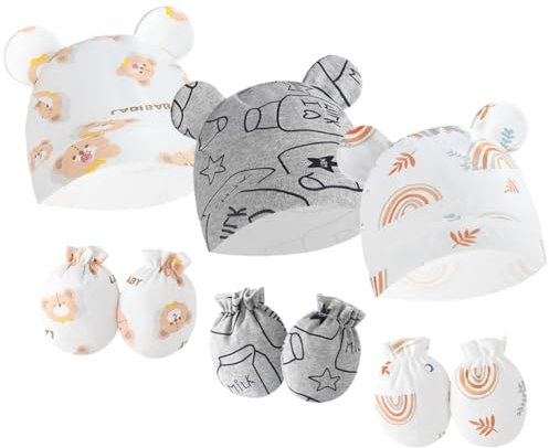 Asudaro Neugeborene Babymützen Fäustlinge,Bärenohren Säuglingsmützen Baby Baumwollhandschuhe Kratzfreie Fäustlinge für Jungen und Mädchen, 0–6 Monate(Graue Flasche+Khaki-Regenbogen+neuer Bär)