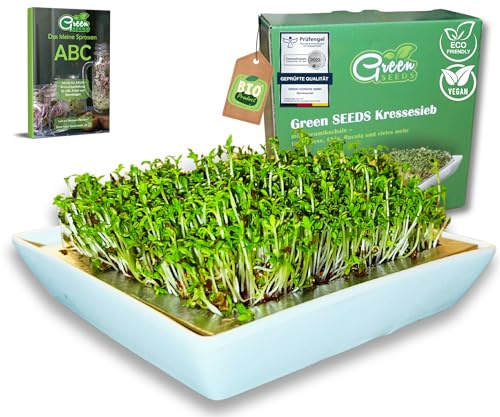 Green SEEDS Krasssil uppsättning med 1 krassskål | sil i rostfritt stål med högkvalitativ keramikskål | odlingsskål 14 x 14 cm diskmaskinssäker och rostfri + ribbor-ABC hållbart förpackad
