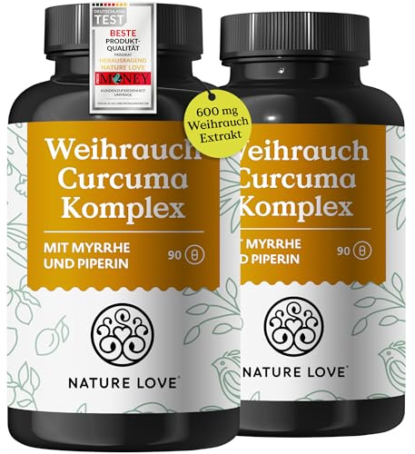 NATURE LOVE® Weihrauch Kurkuma Kapseln - 180 Stück - 600mg Weihrauch Extrakt davon 360mg Boswellia mit Myrrhe Vitamin C - hochdosiert & vegan - laborgeprüft und hoch bioverfügbar