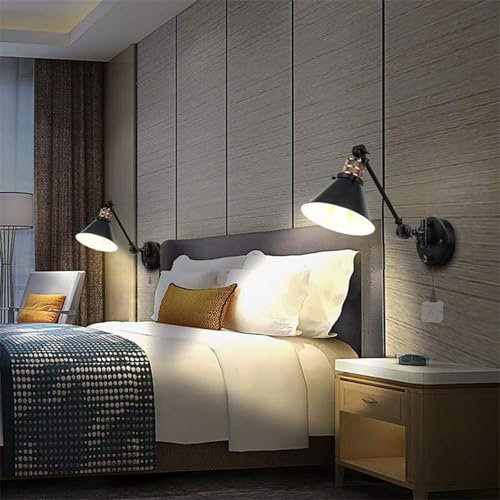 Innen Vintage Wandleuchte mit Kabel Drehbar Verstellbares Lampen Glühbirne Bettlampe Eisenlampe Runde Wandlampe Schwarz Wandbeleuchtung Lampenschirm Wandlicht FüR Kinderzimmer Schlafzimmer (A Short)