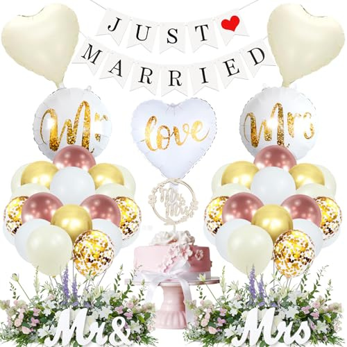 48 Stück Luftballons Hochzeit,Just Married Girlande Deko,Mr & Mrs Deko Hochzeit,Hochzeitsdeko Gartenparty mit Cake Topper Folienballon für Rustikal Party Brautdusche Wedding