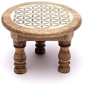 LivuX Mesa altar flor de la vida redonda - impresión blanca - 15 × 15 × 10 cm - Madera de mango - Para cristales, figuras y rituales - Hecho a mano - Producto natural