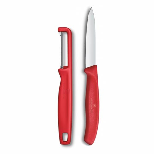 Victorinox Swiss Classic Set de couteaux à légumes avec éplucheur, pour légumes et fruits, 2 pièces, Lame extra tranchante, Rouge