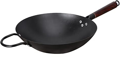 Wokpfanne aus Gusseisen, chinesische handgehämmerte Eisenwoks und Pfannen zum Braten, antihaftbeschichteter Topf mit Edelstahlgriffen für Elektroherd/Induktion(36cm)