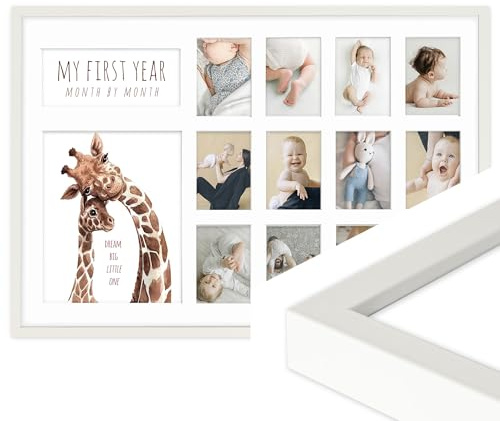 FRAMAI® Bilderrahmen Das Erste Jahr, Monat für Monat Fotocollage, 40x60 cm, Rechteckig, Modern Rustikaler Stil, Giraffen-Design, Kinderzimmer Deko mit Passepartout Weiß