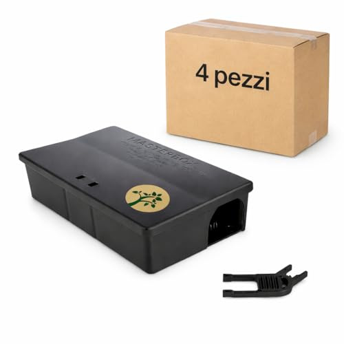 Ossian MASTERBOX Trappola per Ratti e Topi Grandi con Chiave 20 x 13,5 x 6 cm – Contenitore per Esche Topicida HACCP, Anti-Manomissione, Interno ed Esterno, Sicura per Bambini e Animali (4 PZ)