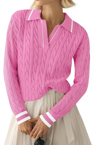 LACOZY Knitted Sweater Shirts for Women Fall Tops Long Sleeve Knitted Blouses Casual V Neck Tshirts Pink L