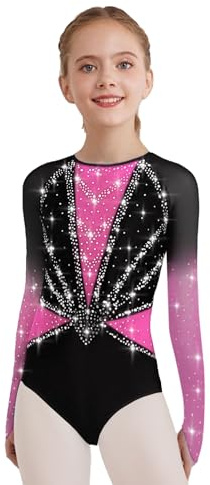 Kaerm Tanzbody Kinder Langarm Mädchen Strass Glitzer Eiskunstlauf Body Farbblock Patchwork Ballettbody Cut Out Gymnastikbody Tanzkleidung