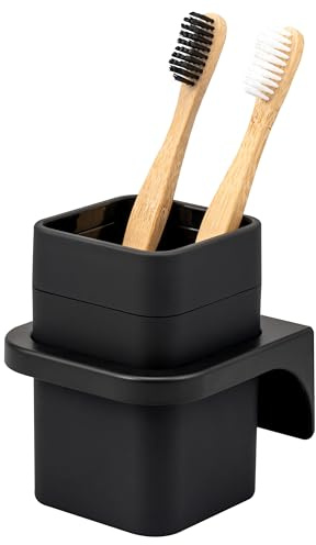 bremermann Zahnputzbecher Savona mit Soft-Touch Oberfläche, eckiger Becherhalter inkl. Wandhalterung zum Kleben oder Bohren, Zahnbürstenhalter aus Kunststoff (Schwarz)