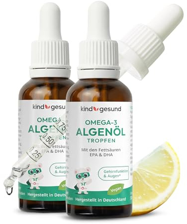 Omega 3 Kinder Tropfen – vegan & nachhaltig – 50 ml Algenöl (66 Tage) – kindgerecht dosiert: 205 mg DHA + 103 mg EPA pro Tagesdosis – mit Zitronengeschmack - ab 3 Jahren