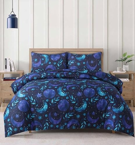 4 Piece Duvet Cover Set Double Bedding Set with Fitted Sheet & Pillowcases Reversible Microfiber Quilt Cover Set Double Bed Floral Geometric Marble Plain Designs UK (MIDNIGHT MOON, Double)
