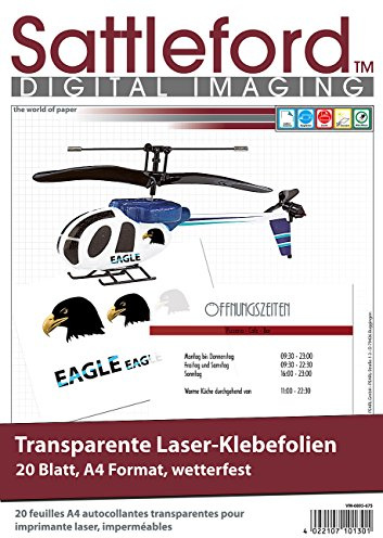 Sattleford Drucker Folie: 20 Klebefolien A4 für Laserdrucker transparent (Klebefolie bedrucken Laserdrucker, Aufkleber Folie, (klar) wischfest selbstklebend)