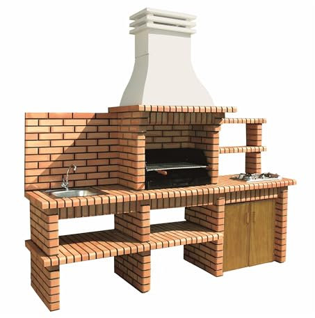 MOVELAR Vorgefertigter Grill aus Holz und Kohle, Modell Luxor Royal (Grau, Orange – 277 x 70 x 262 cm), Ref: 3521/1 – Komplette Außenküche mit Spüle und Teka-Platte