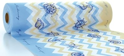 Sovie HORECA Airlaid Tischläufer MARITIM – 40 cm x 24 m – 1 Stück – perforiert alle 120 cm – maritimes Design mit Leuchtturm, Seestern, Anker & Muscheln in Hellblau & Beige