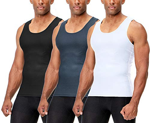 DEVOPS 3 Pack Men's Muscle Dry Fit Compression Tank Top (X-Large, Black/Charcoal/White)