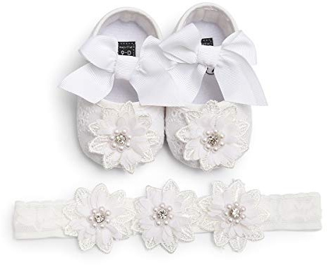 Baby Girl White Shoes Bowknot Floral Mary Jane Flats Princess Christening Baptism Wedding Dress Shoes with Floral Headband for Infants Newborns