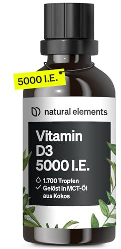natural elements Vitamin D3 - Laborgeprüfte 5000 I.E. pro Tropfen - 50ml (1700 Tropfen) - In MCT-Öl aus Kokos - Hochdosiert, flüssig