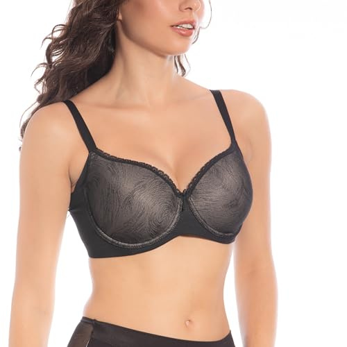 Selene, Reggiseno Donna Modellante, Fascia Alta Incrociata, con Ferretto e Coppe Imbottite Decorate, Collezione Violeta, Colore Nero, Taglia 6E