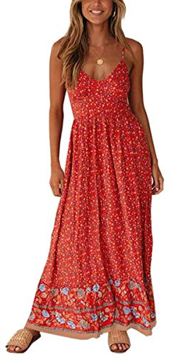 Angashion Women's Dresses Floral Adjustable Spaghetti Strap V Neck Boho Long Maxi Dress Summer Beach Flowy Ethnic Sundress 2155 Red Small